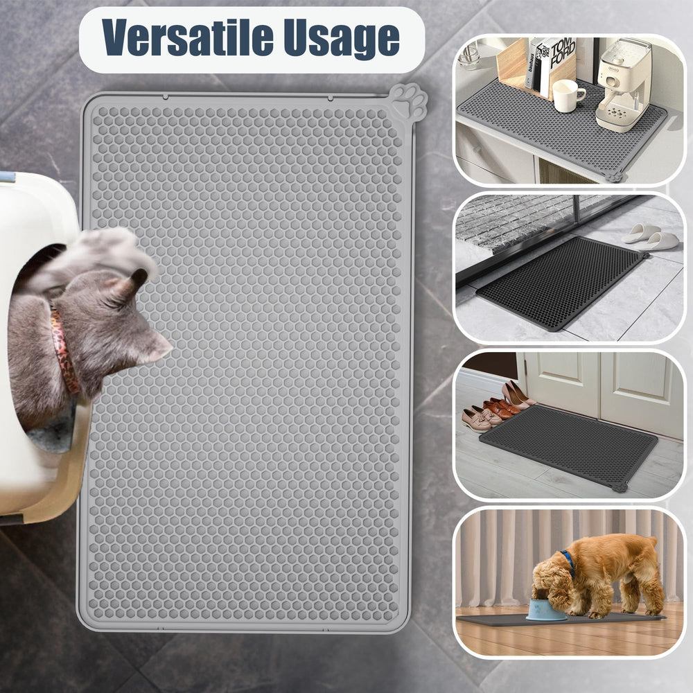 Purrersia silicone cat litter mat fits under single-cat box to reduce spills.