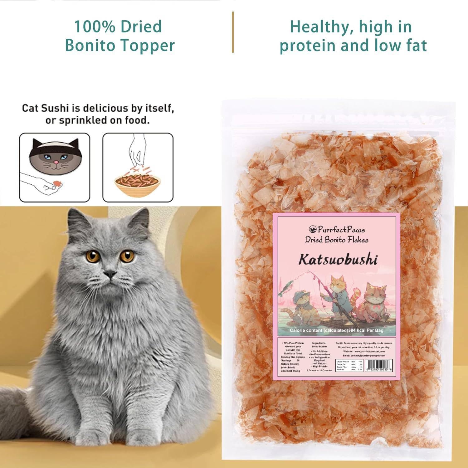 Purrfect Paws bonito flakes aroma close-up highlights enticing scent for meals.