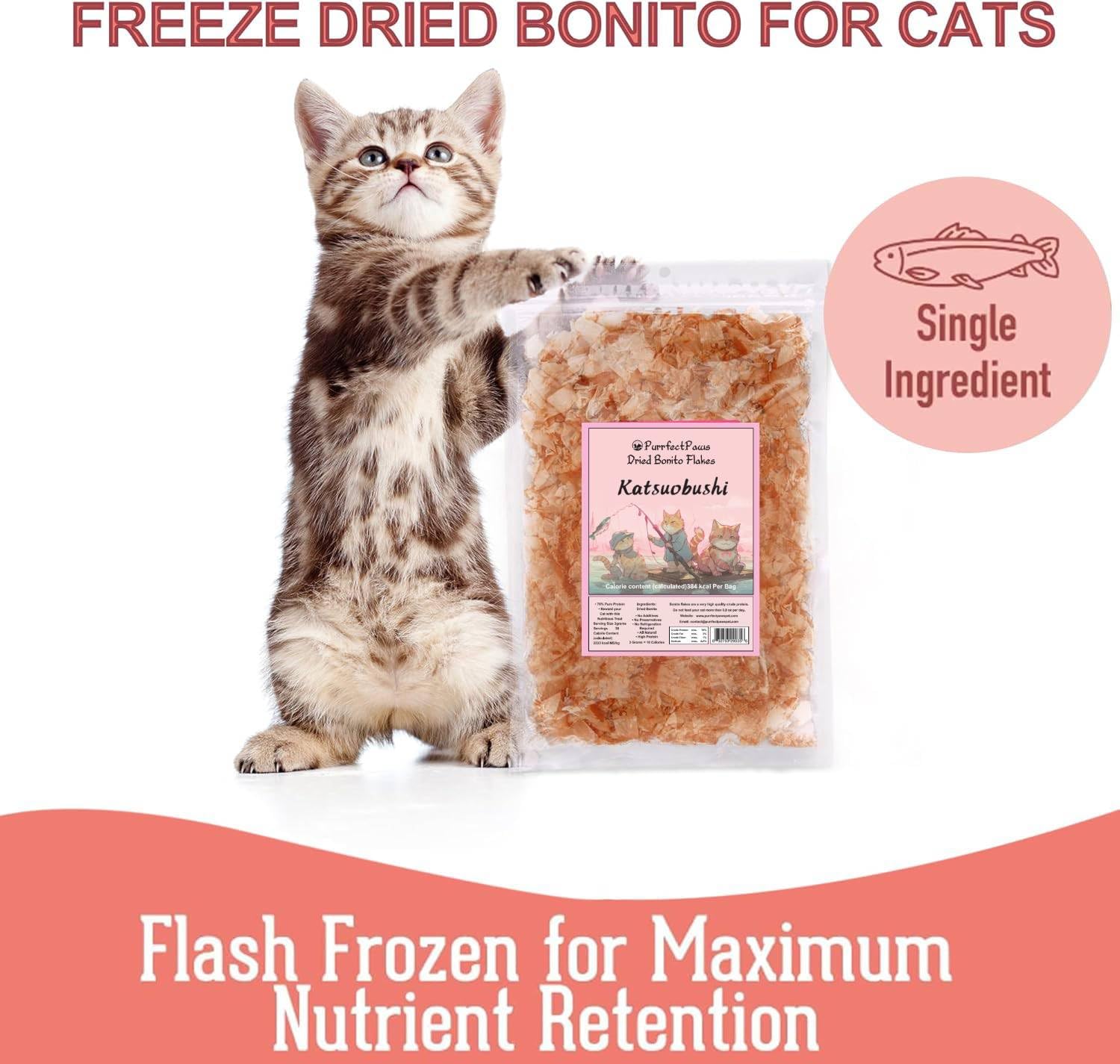 Purrfect Paws bonito flakes natural oils close-up suggest richer flavor.