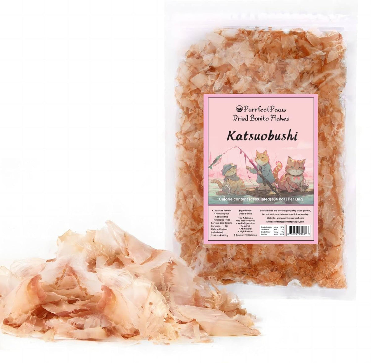 Purrfect Paws bonito flakes bag shows premium packaging and all-natural ingredients.