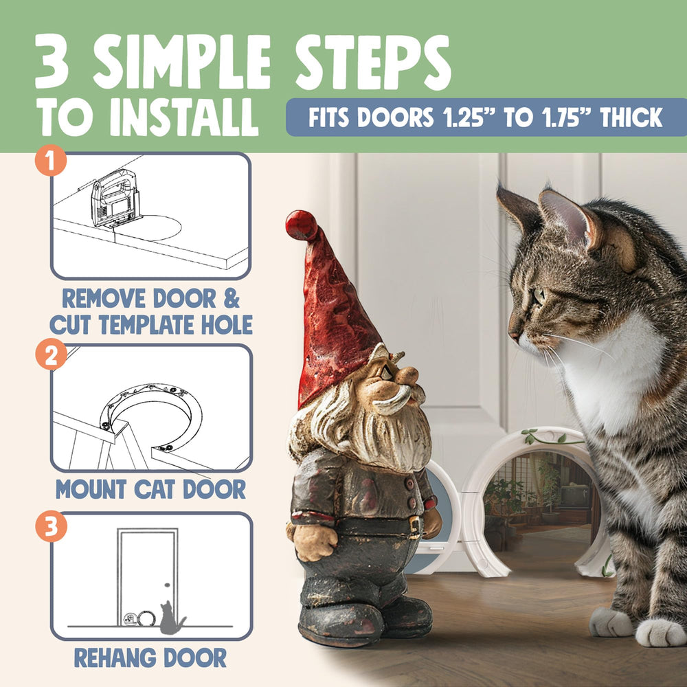 Purrfect Portal Gnome Door cat door in-use with cat accessing preferred spot.