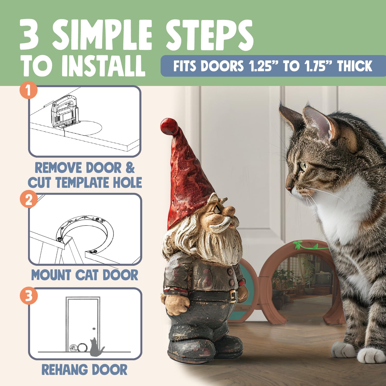 Purrfect Portal Gnome Door Cat Door installed on hollow interior door for easy setup.