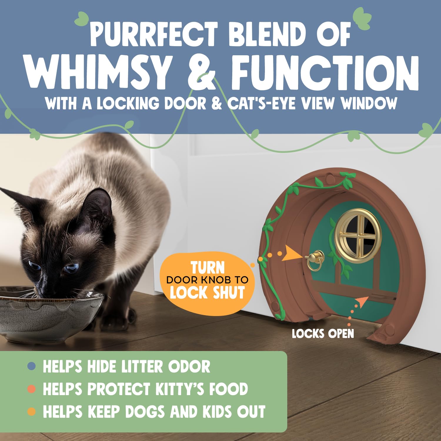 Purrfect Portal Gnome Door Cat Door open entry for flap-free, quiet access.