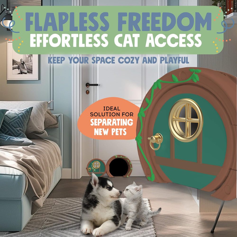 Purrfect Portal Gnome Door Cat Door hardware included for quick DIY installation.
