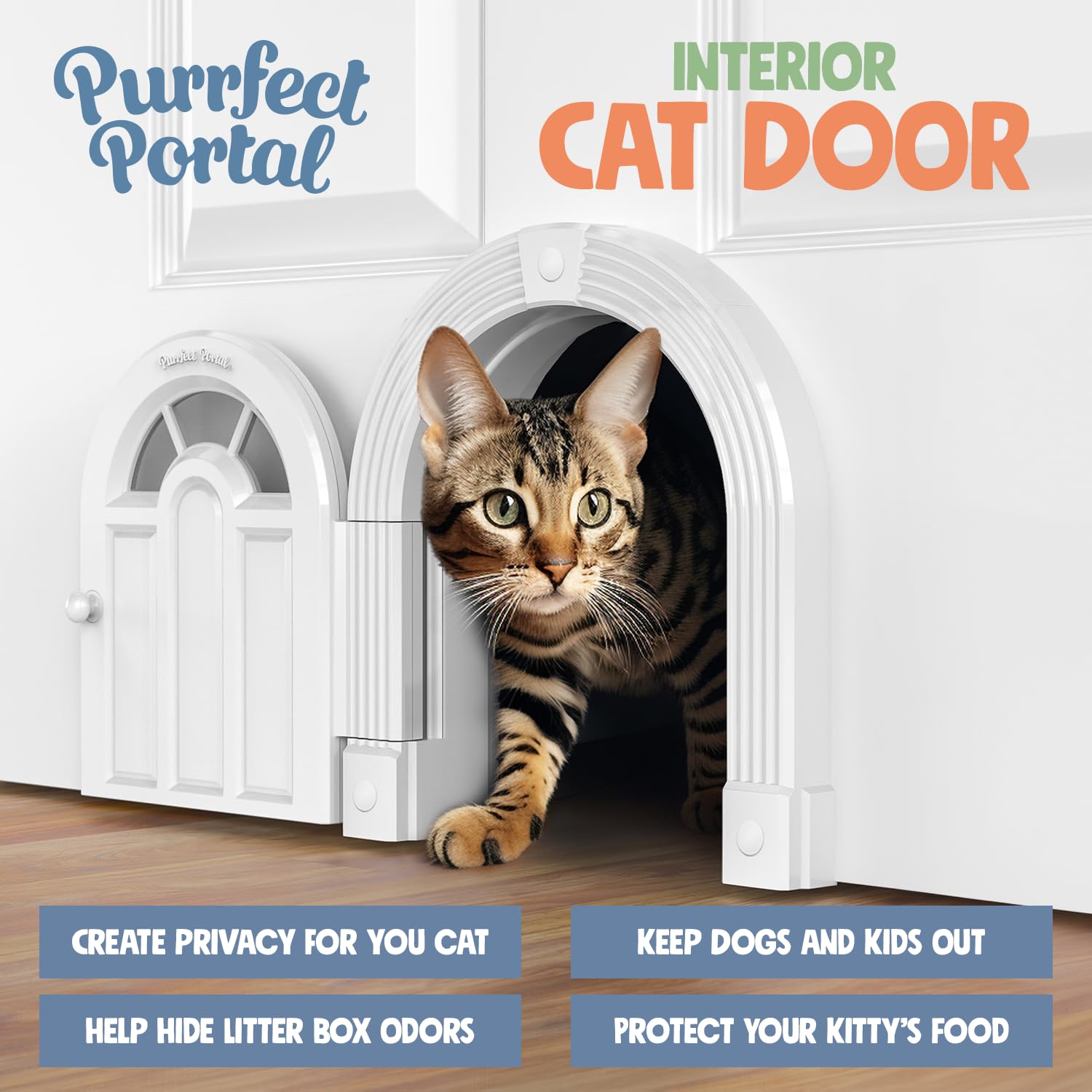 Meow Manor cat inside view shows private litter and feeding space inside the door.