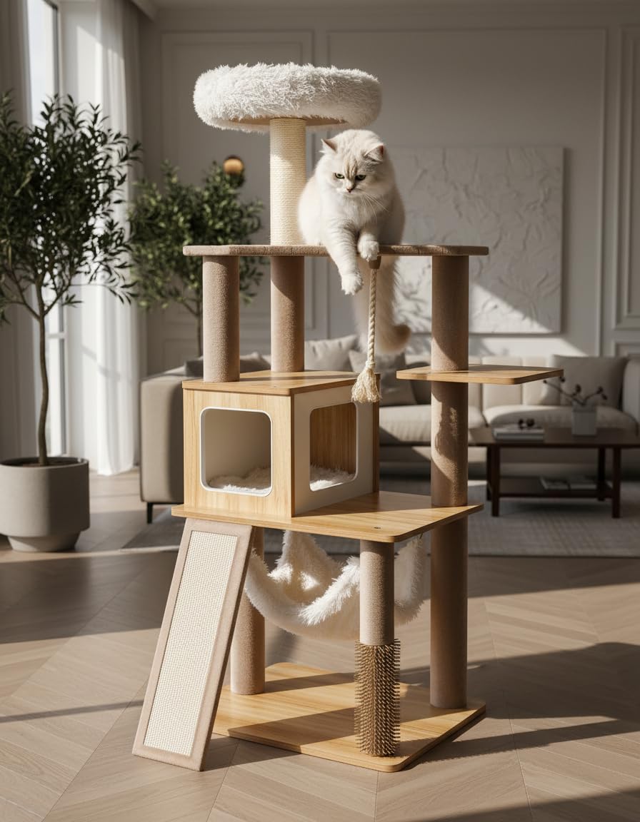 Purrlato 61 top perch offers a cozy elevated view for curious indoor cats.