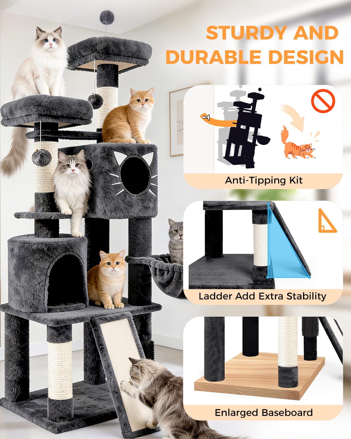 Purrlato 66in cat tree condos and perches offer cozy lounging spots