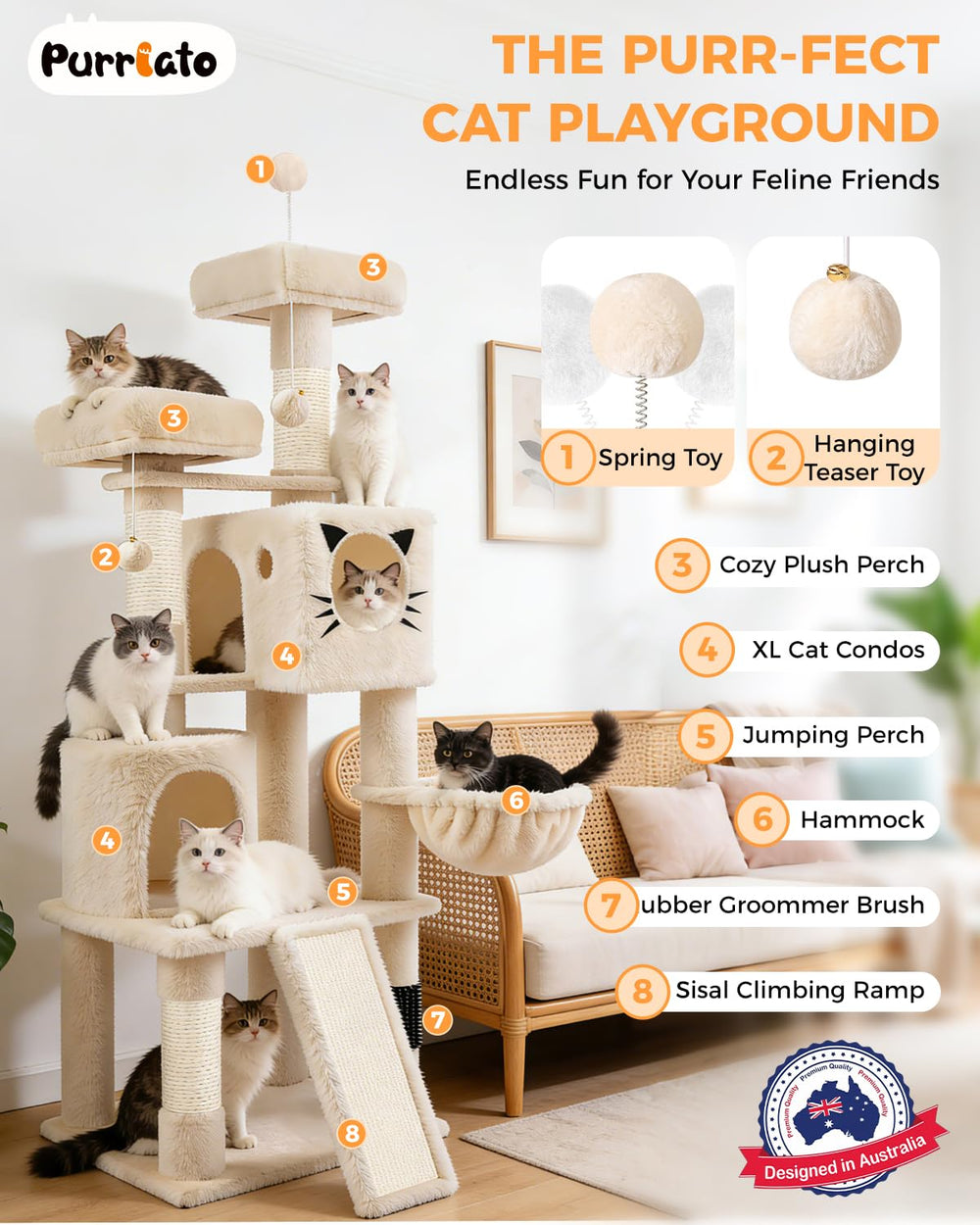 Purrlato 66in cat-tree heavy posts ensure durable scratching and climbing sessions.