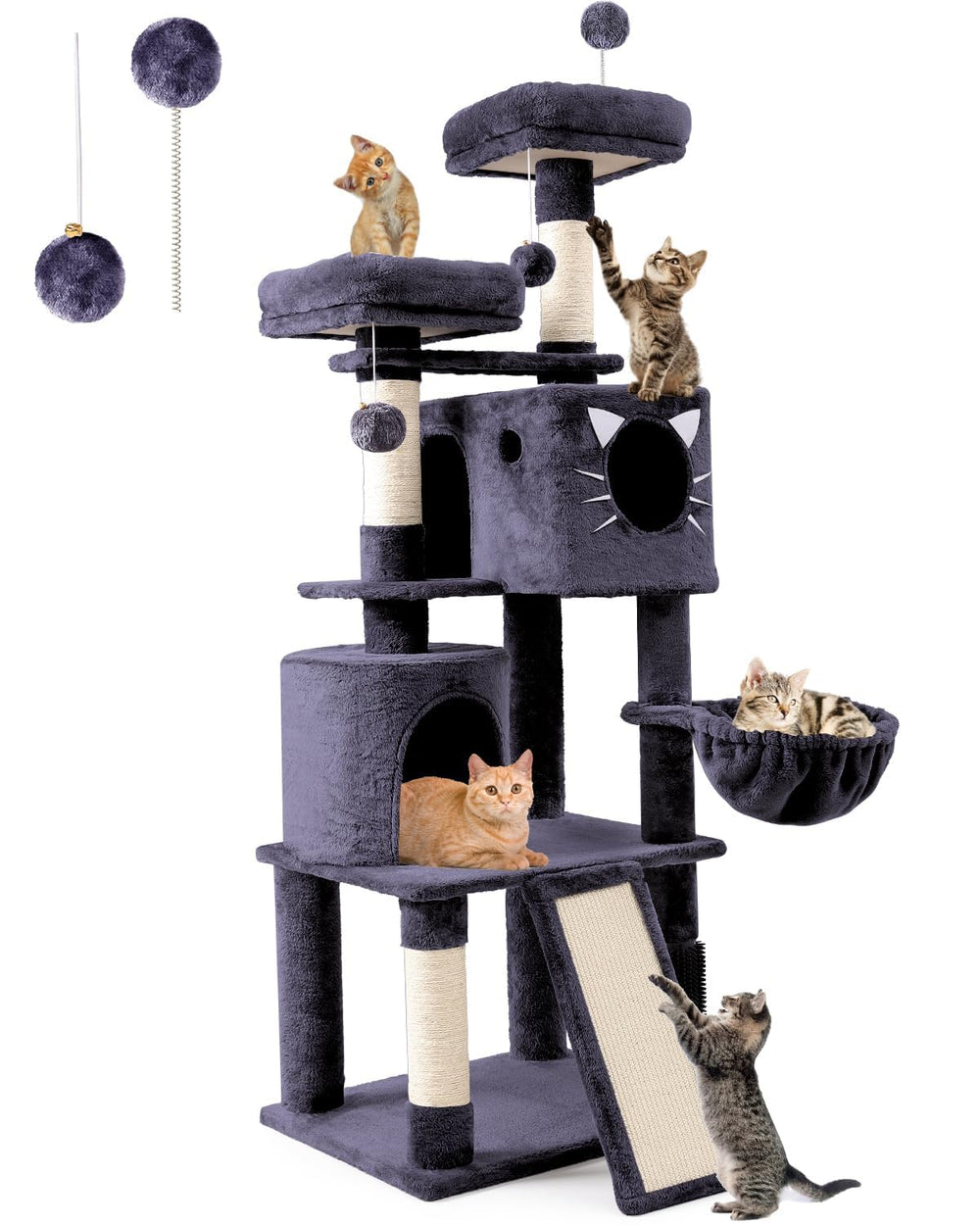 Purrlato 66in cat tree in-use with multiple cats enjoying space