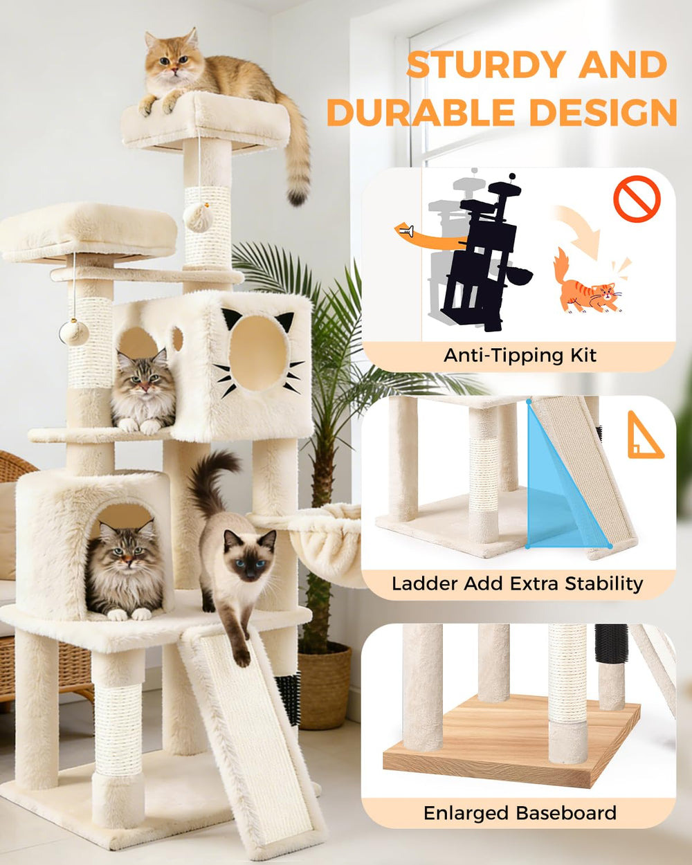 Purrlato 66in plush condos and hammock provide cozy lounging spots.