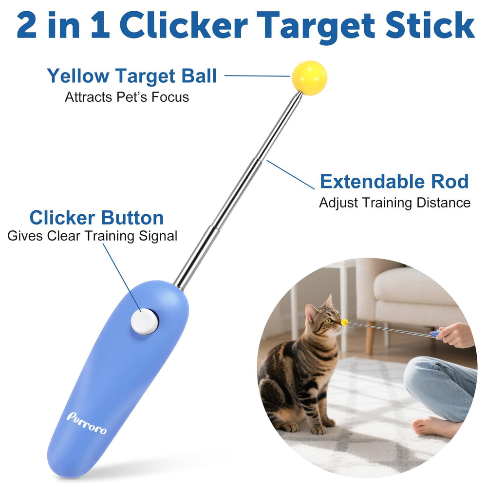 Purroro Cat Training Clicker Kit retractable stick extended for flexible training range