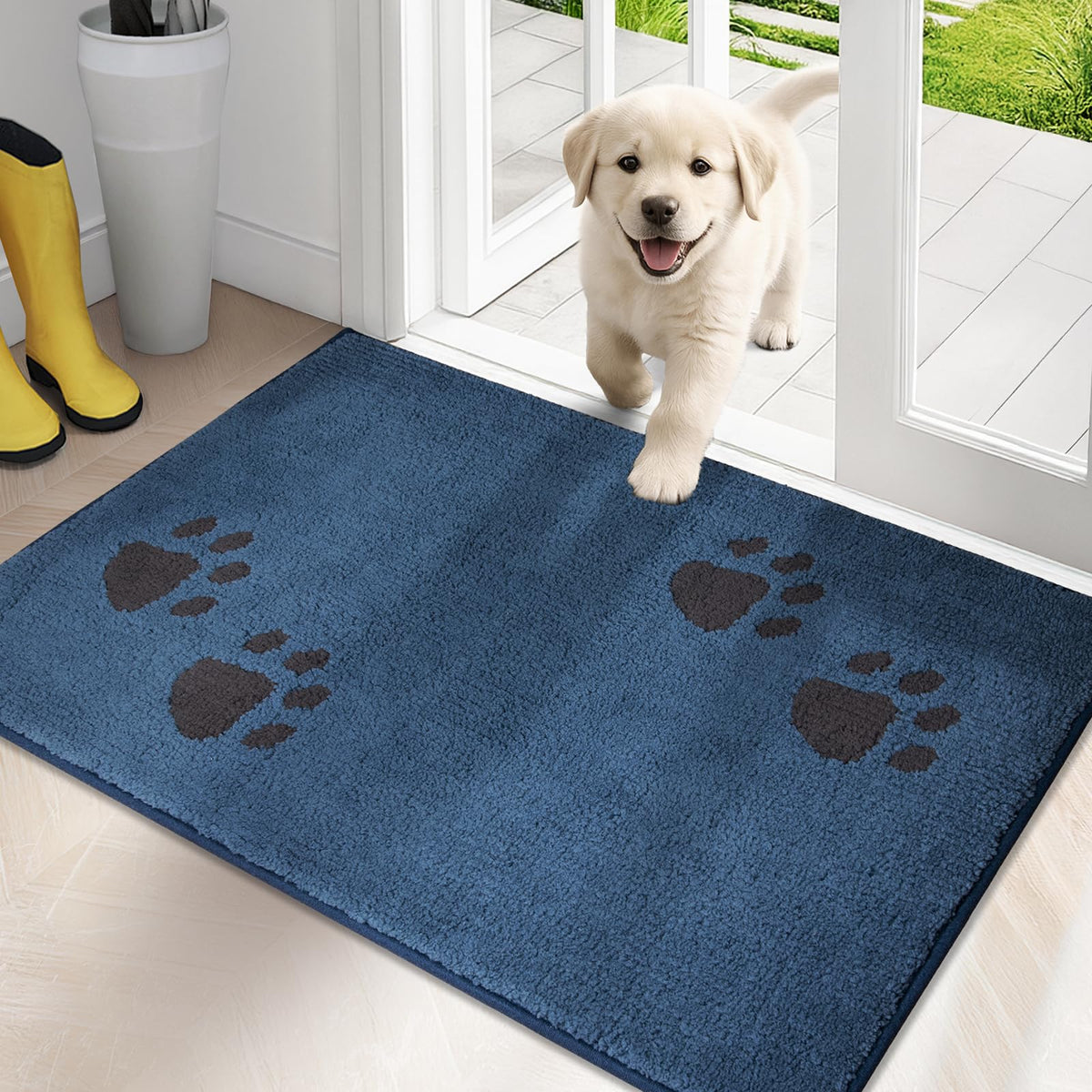 Purrrugs dirt trapping door mat blue front view shows low-profile edge and strong dirt capture.