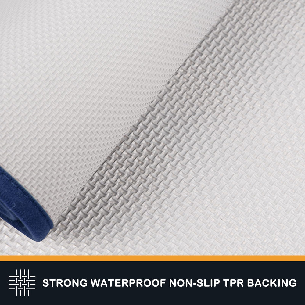 Purrrugs blue mat backside with non-slip backing for safer entry.