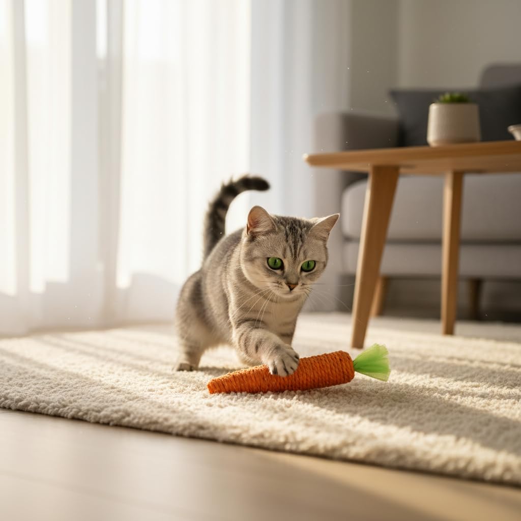 PurYupearl carrot toy being chewed by a curious kitten during playtime