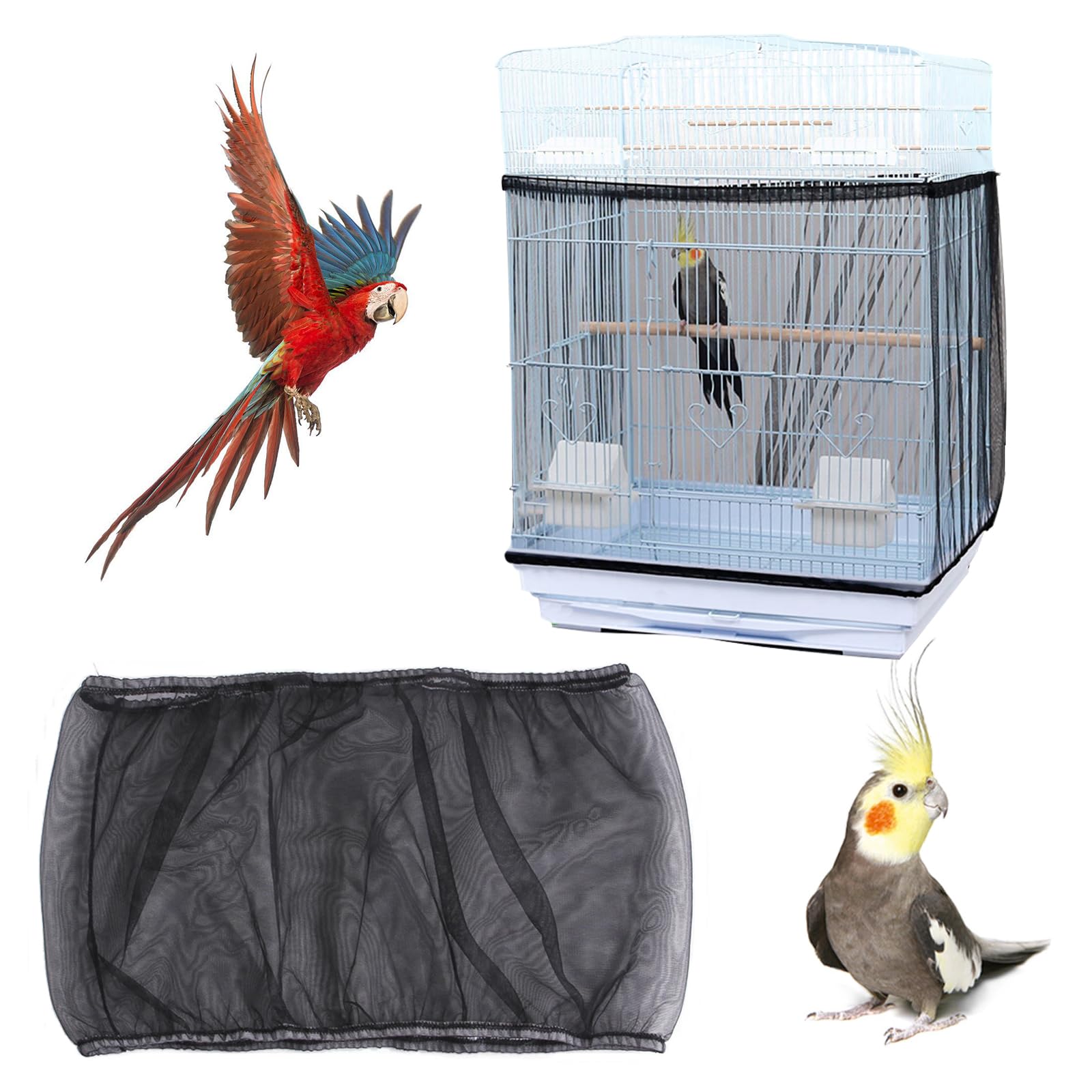 PUSNMI bird cage seed catcher assembly view showing secure fit and mess reduction