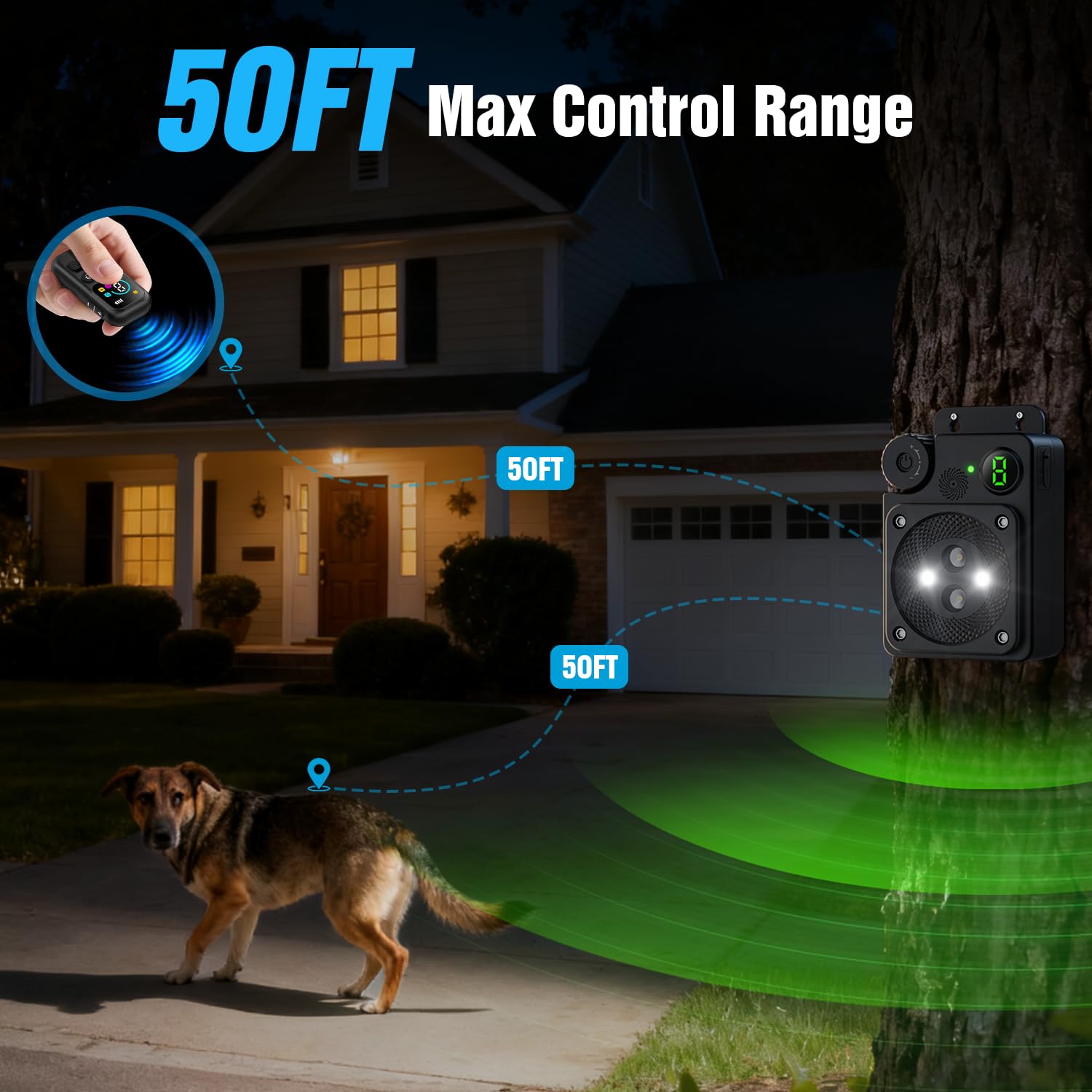 PUXUROX remote-control barking device allows on-the-spot correction from indoors or outdoors.