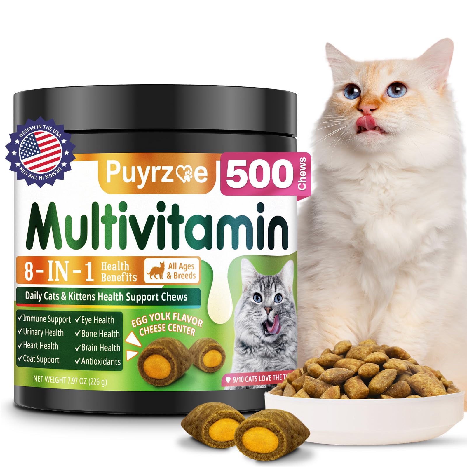 Puyrzoe Cat Multivitamin chews bottle closeup for easy daily supplementation.
