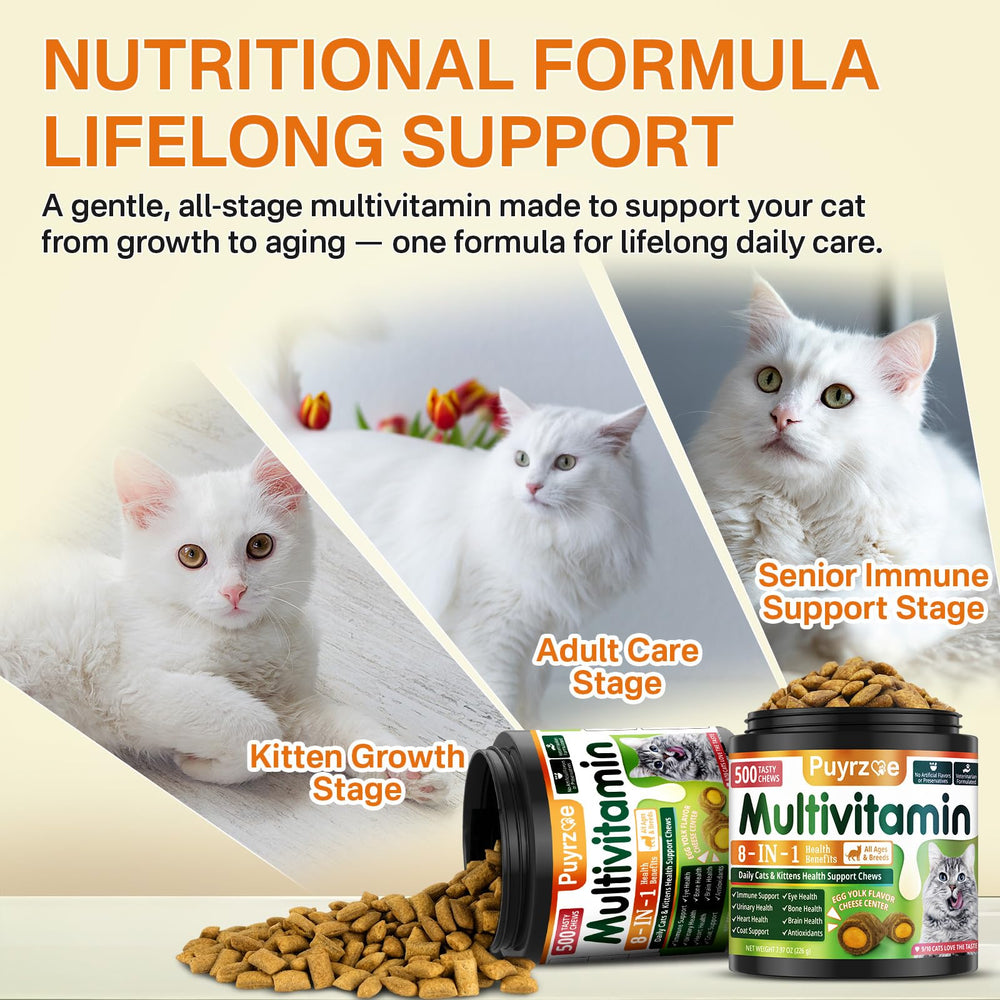 Puyrzoe Cat Multivitamin non-greasy chews mix into food for mess-free feeding.