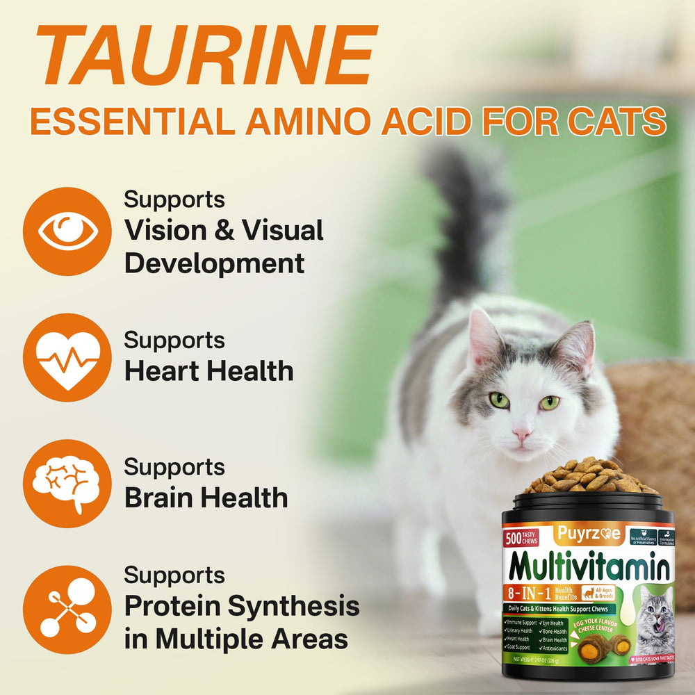 Puyrzoe Cat Multivitamin taurine-enriched blend aids heart and eye support.