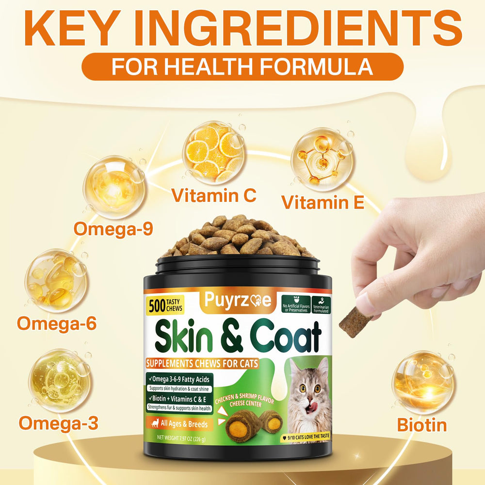 Puyrzoe Cat Skin and Coat Chews ingredients display—omega 3-6-9 and vitamins for nourishment.