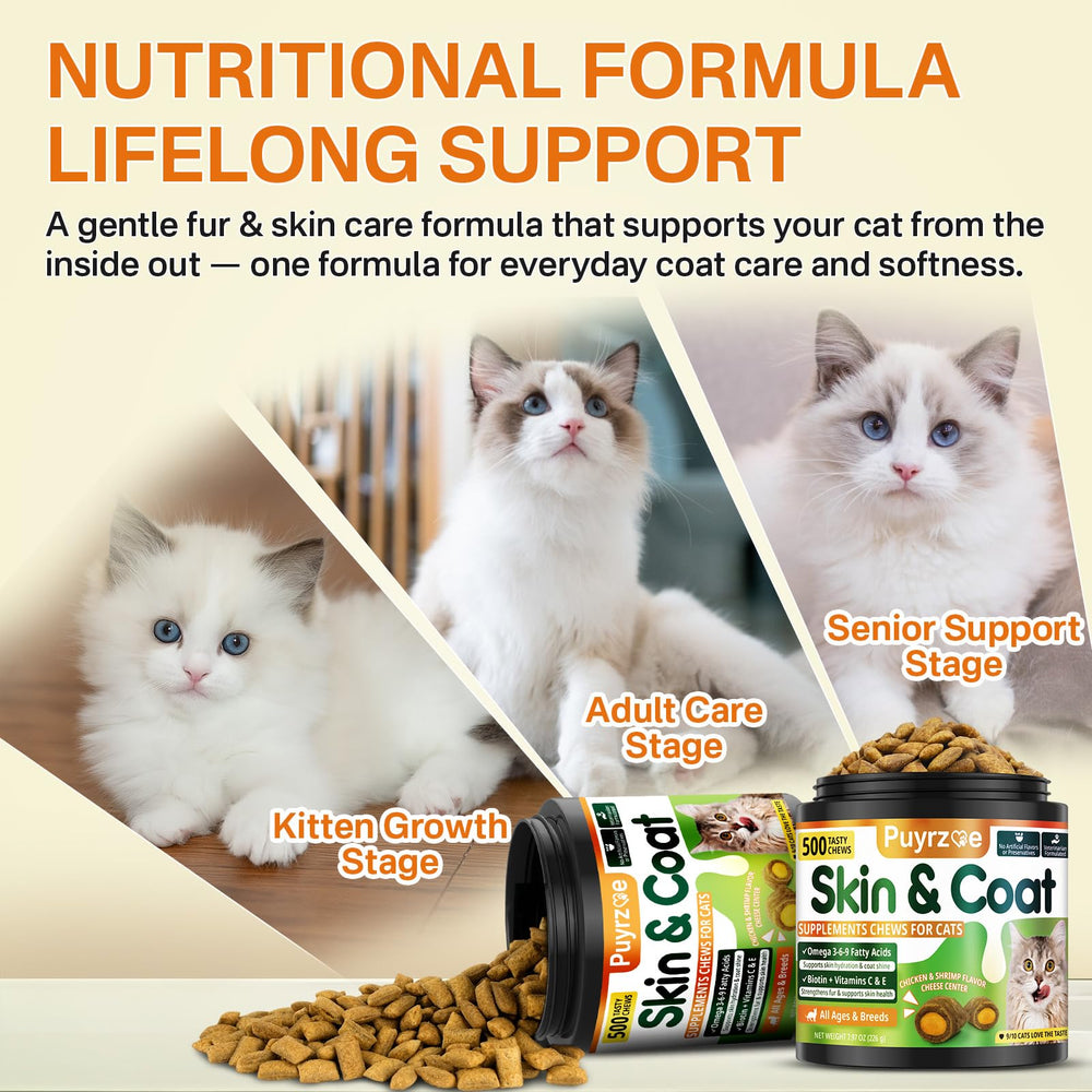 Puyrzoe Cat Skin and Coat Chews serving—gentle daily care suitable for sensitive digestion.