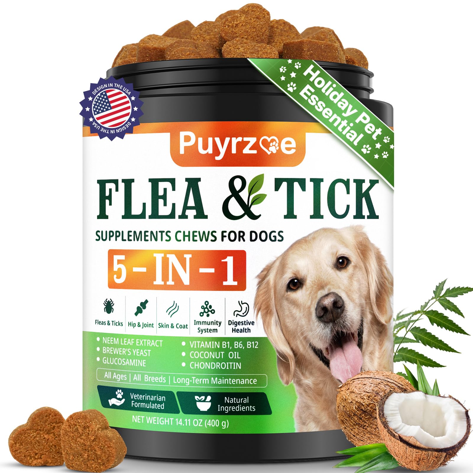 Puyrzoe five-in-one dog flea tick chews beef flavor for daily use