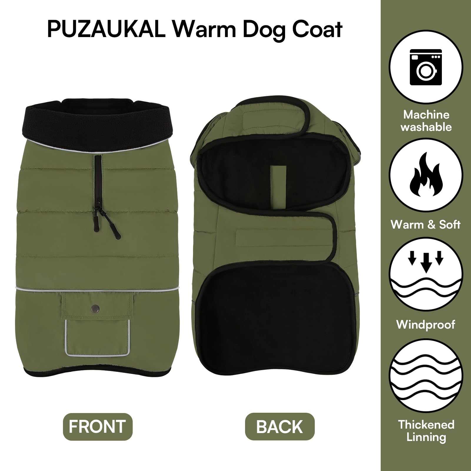 PUZAUKAL dog coat army green 2XL back view shows full coverage for long backs.