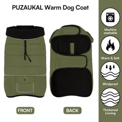 PUZAUKAL dog coat army green 2XL back view shows full coverage for long backs.