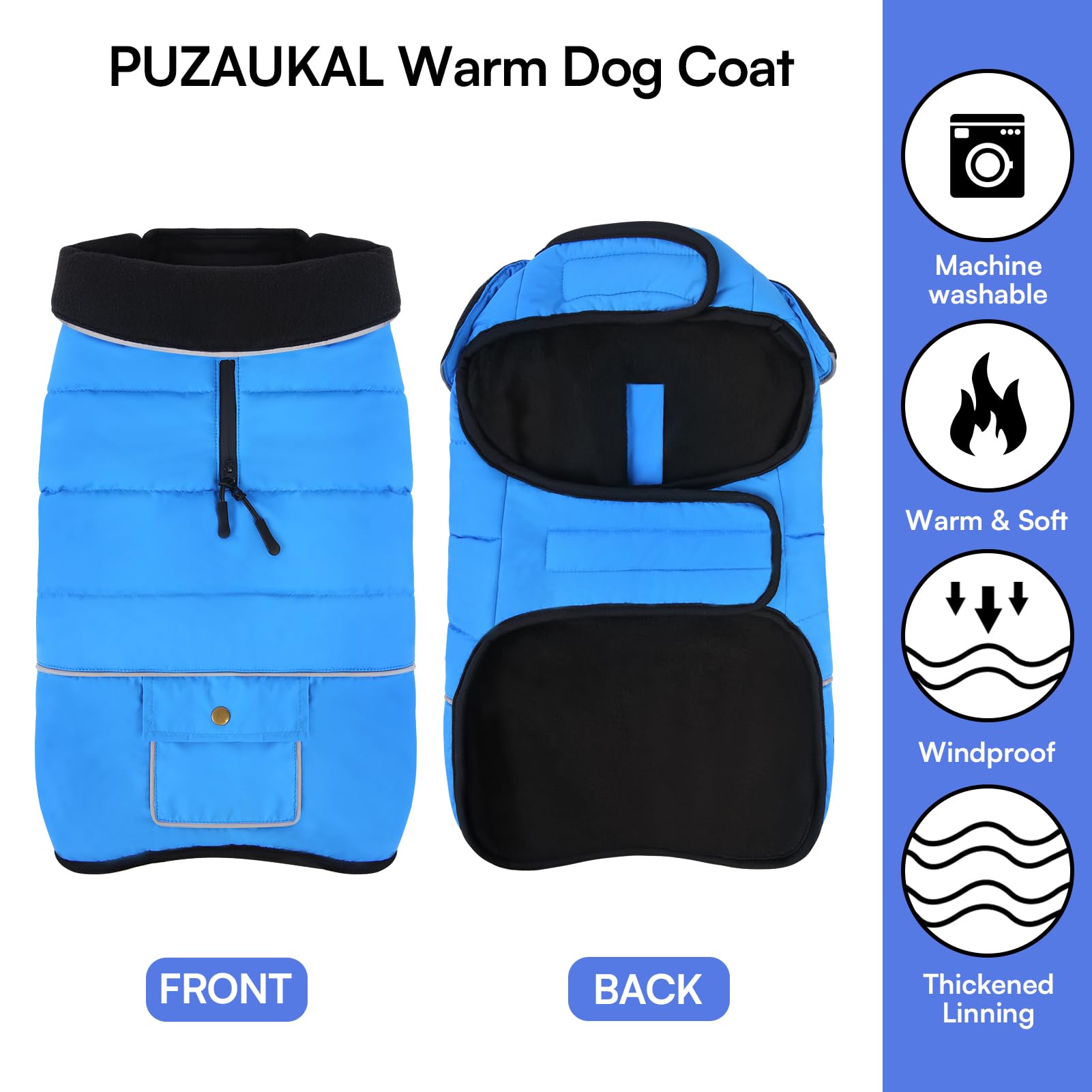 PUZAUKAL dog coat back pocket highlight storage for poop bags.