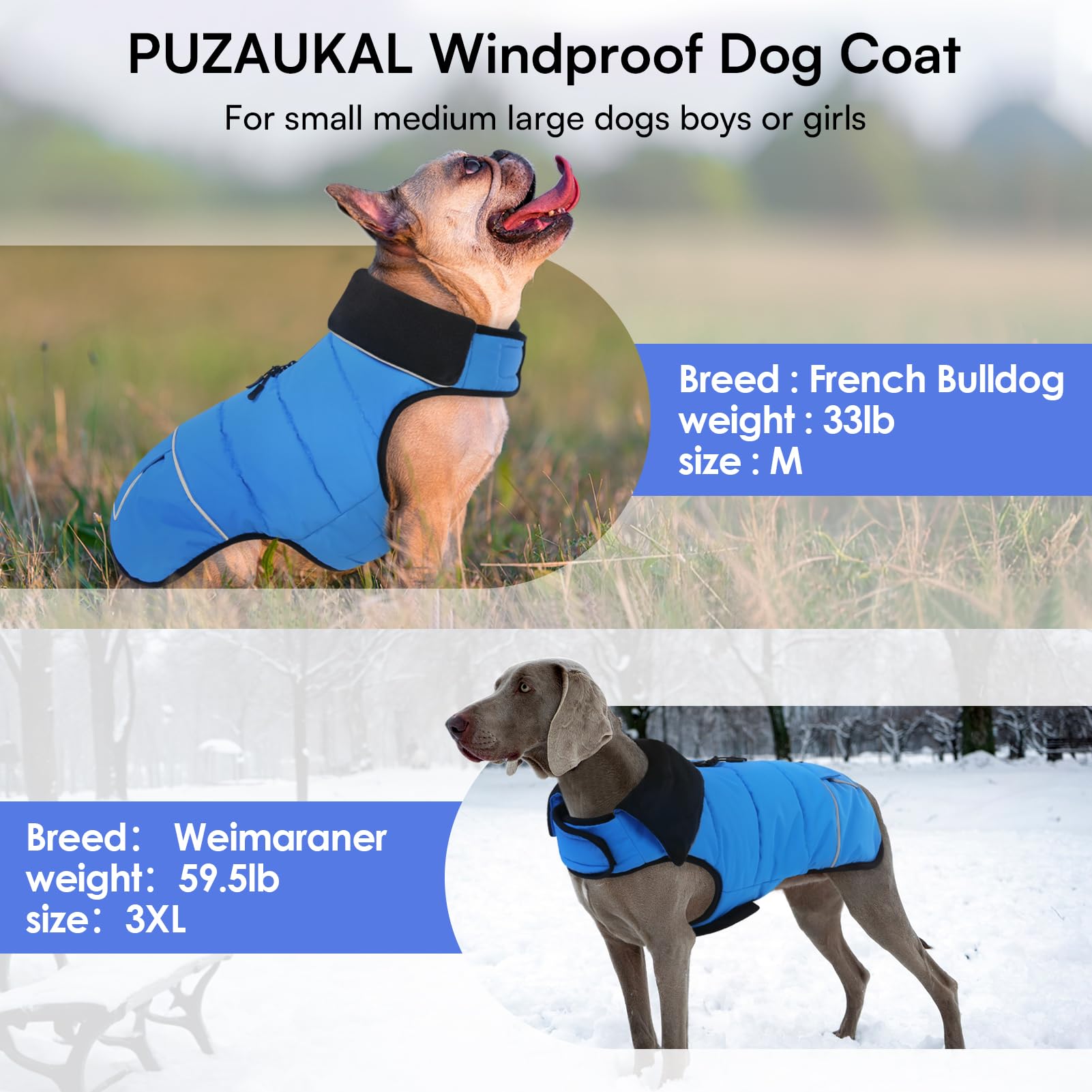 PUZAUKAL winter coat in army green and blue on snowy walk.