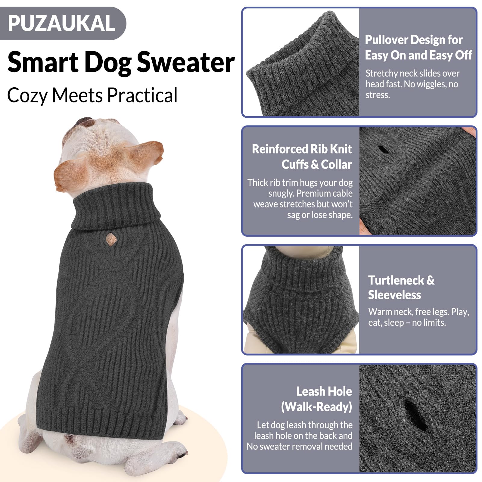 PUZAUKAL harness-hole detail demonstrates easy leash access without removing the sweater