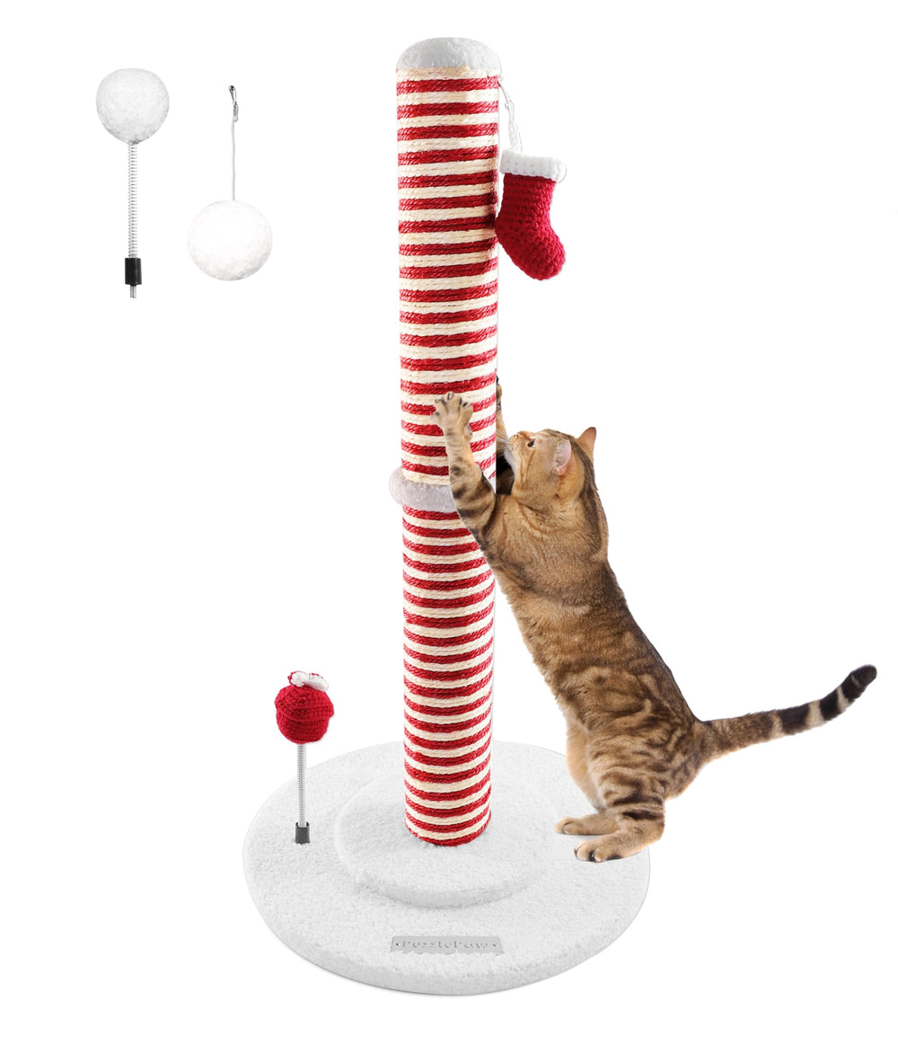 PuzzlePaw red-striped sisal post delivers durable scratching surface for satisfying sessions.