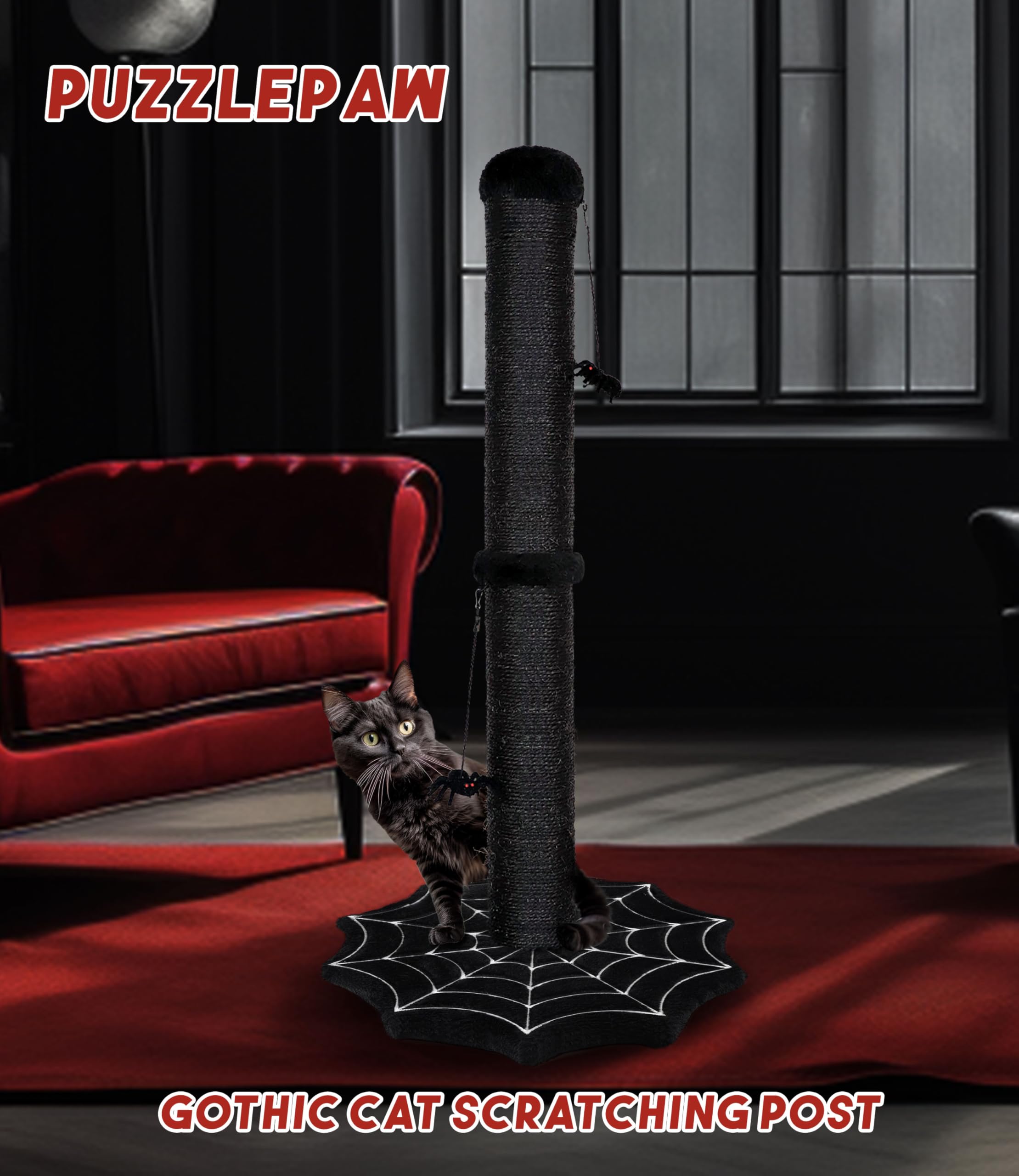 PuzzlePaw gothic-cat-scratching-post-cobweb-base cobweb base adds moody decorative appeal.