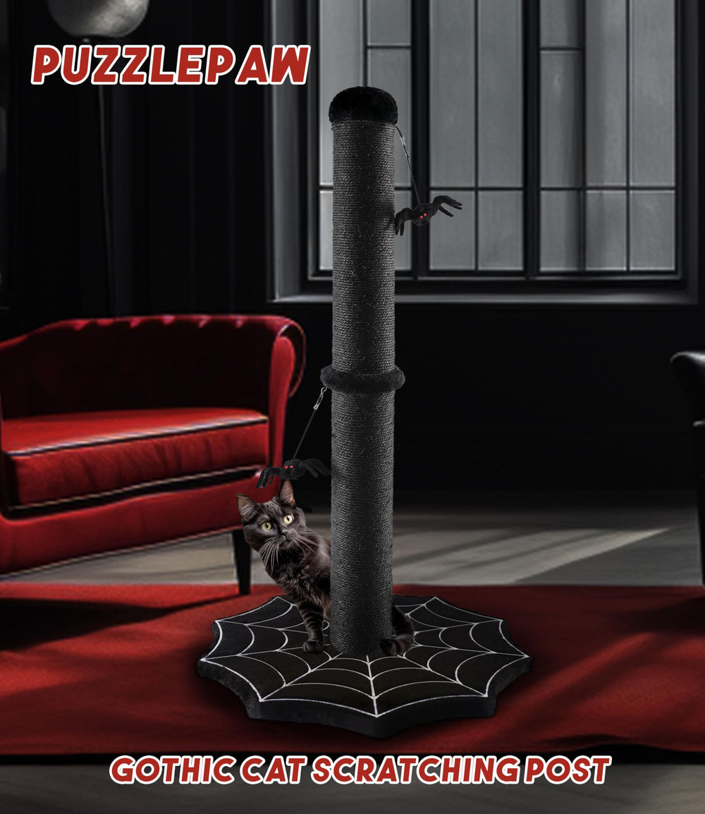 PuzzlePaw Gothic cat activity tower creates a dedicated play space in small rooms.