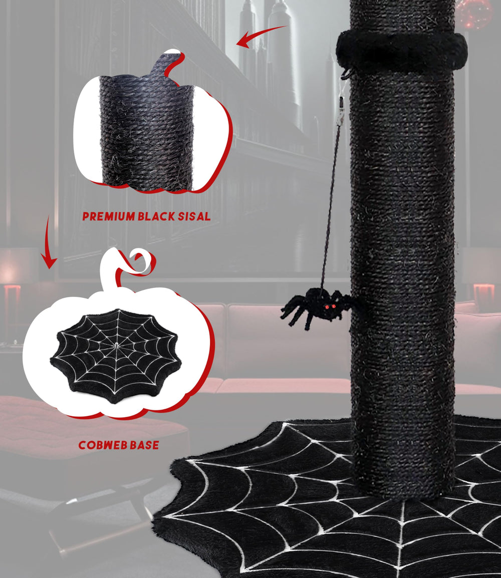 PuzzlePaw gothic-cat-scratching-post-spider-toy-2 plush spider toy encourages movement.