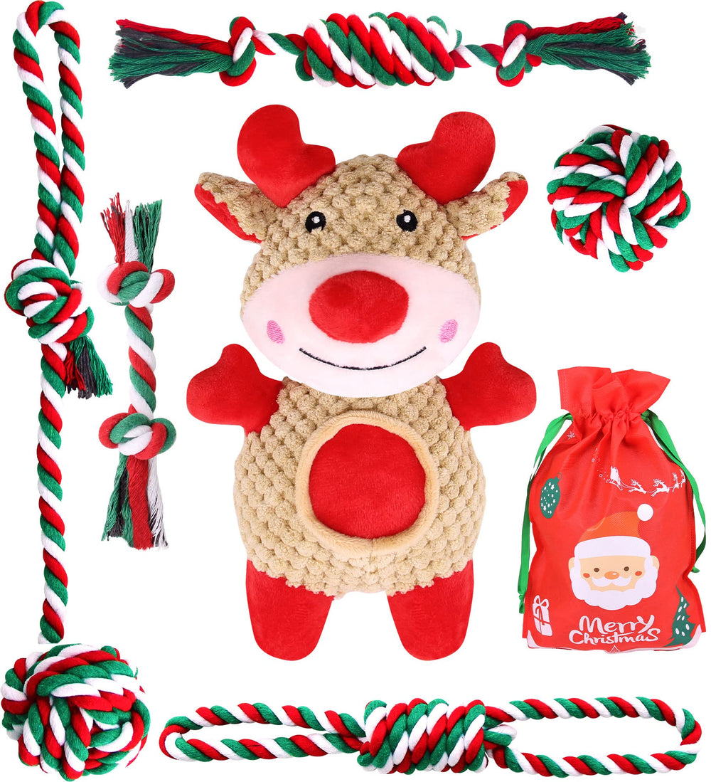 Pweituoet Christmas dog toys six-pack with plush and rope options for dogs.