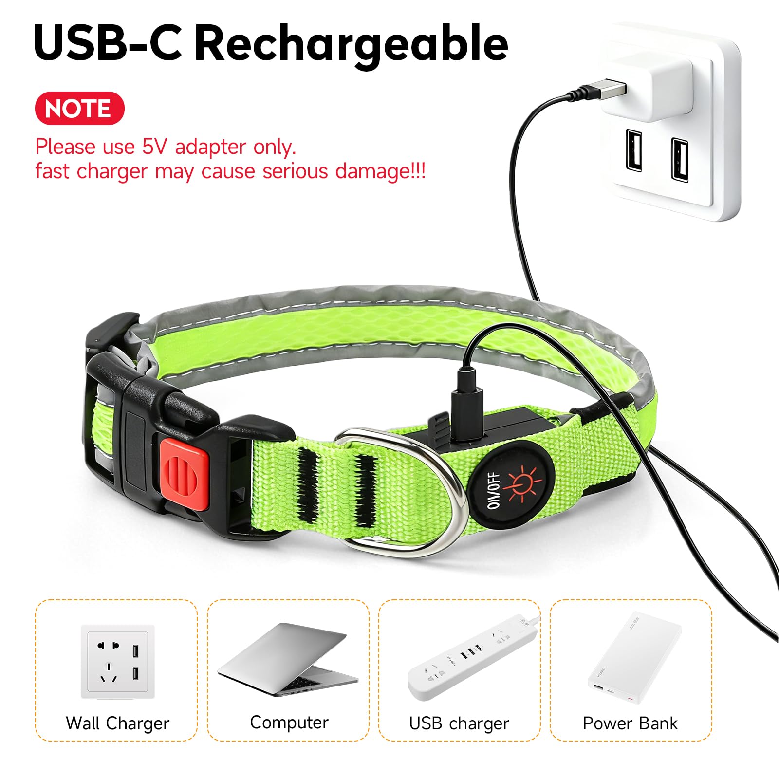 PWOD LED Dog Collar switches between multiple modes for versatile lighting.