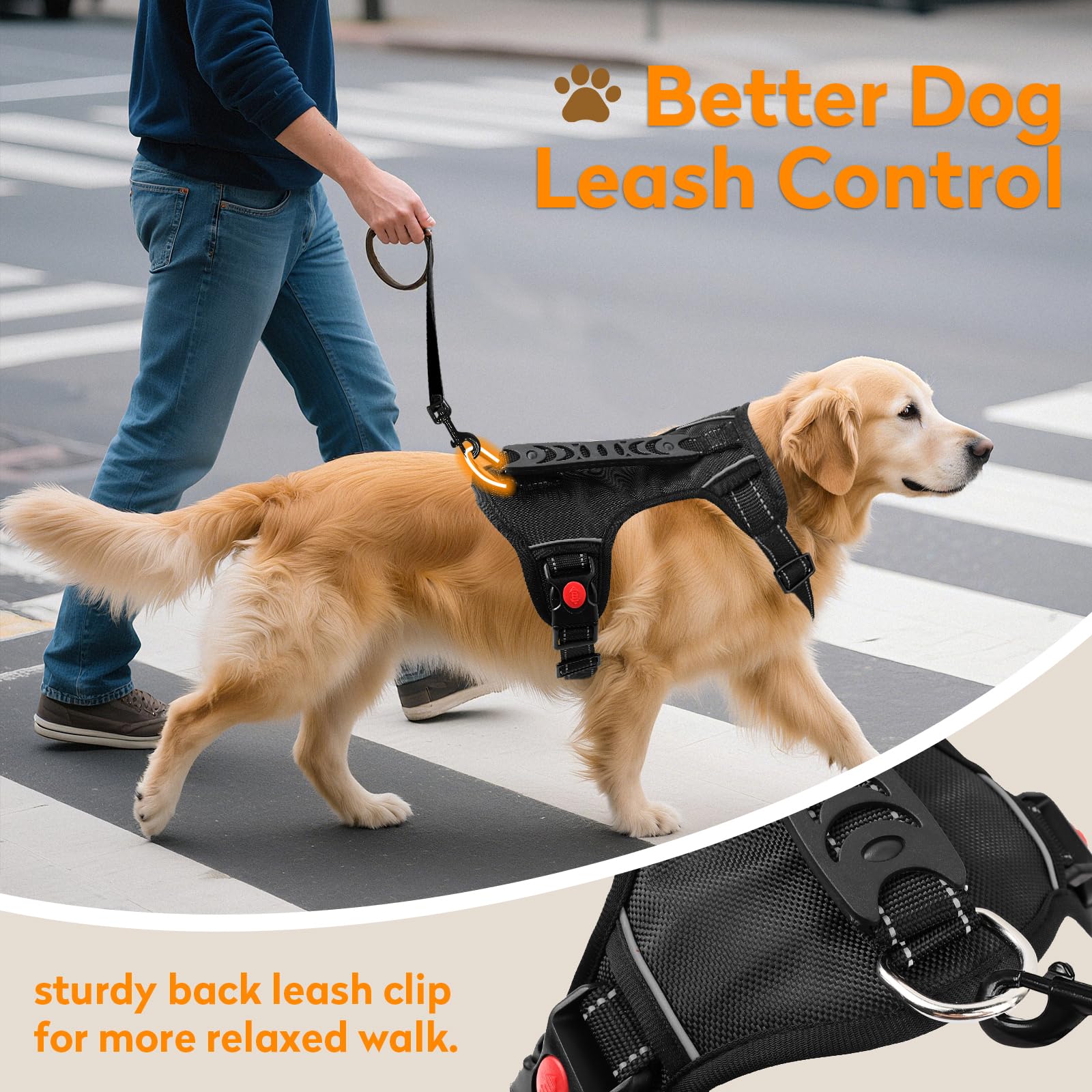 PWOD No Pull Harness nylon Oxford fabric with soft padding for comfortable long walks.