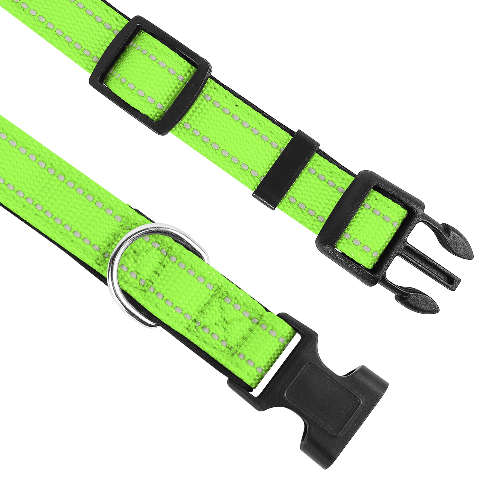 PWOD reflective dog collar green buckle area focusing on quick-release ABS buckle convenience