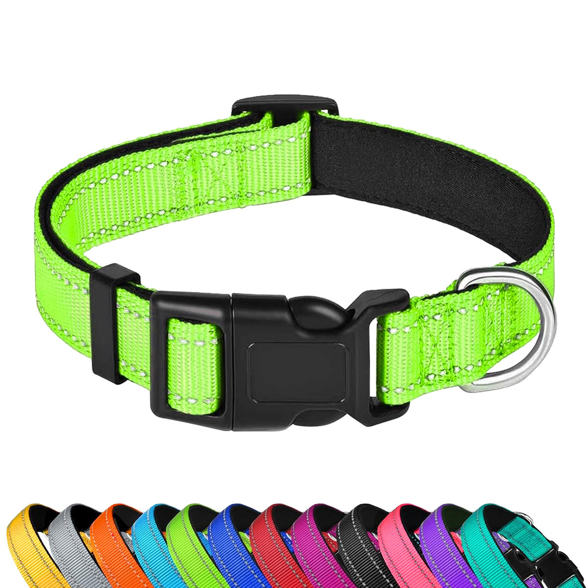 PWOD reflective dog collar green side view showing high-visibility straps for safer night walks