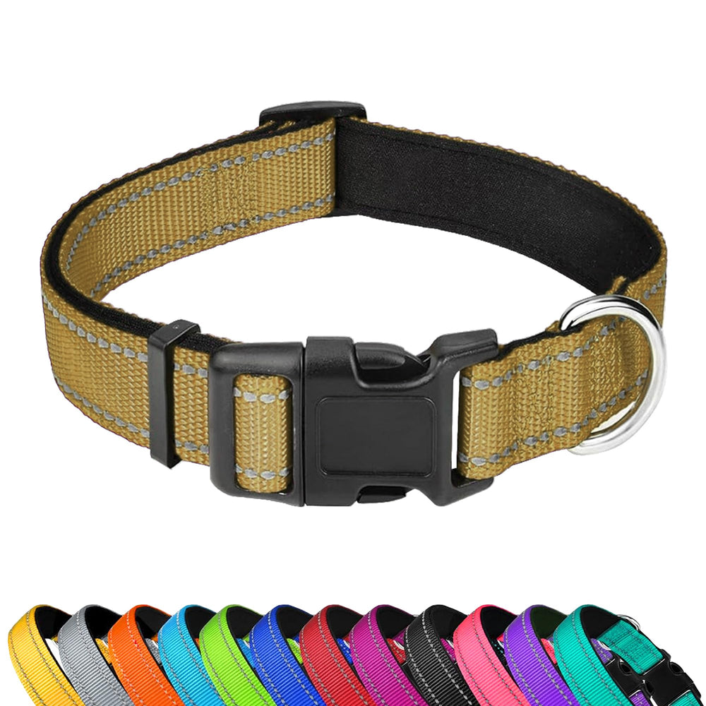 PWOD reflective dog collar in khaki neoprene padding for nighttime visibility