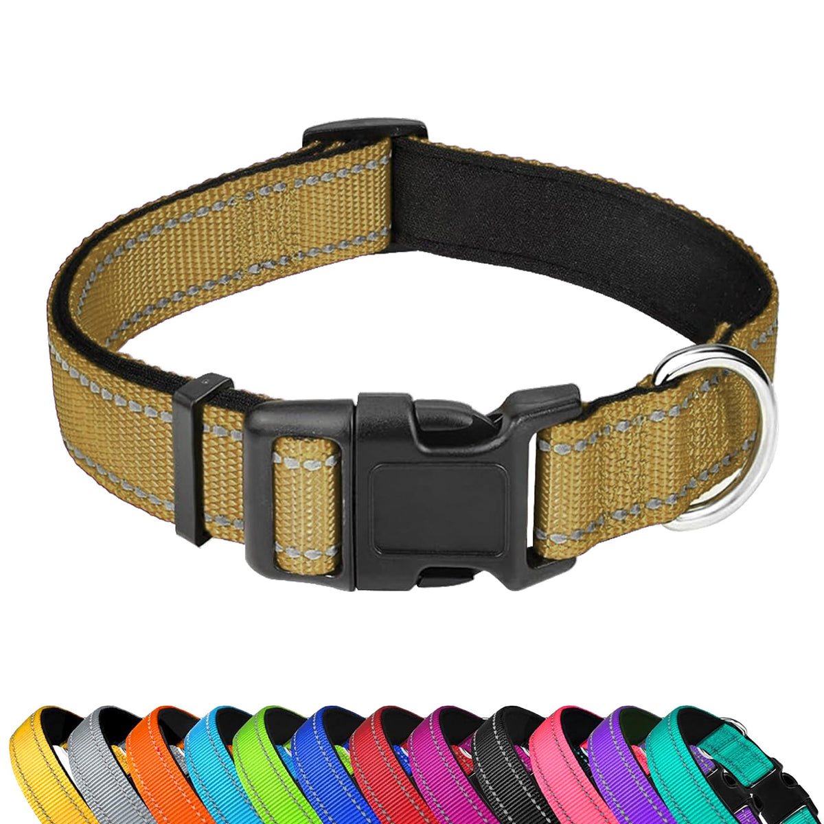 PWOD reflective dog collar in khaki neoprene padding for nighttime visibility