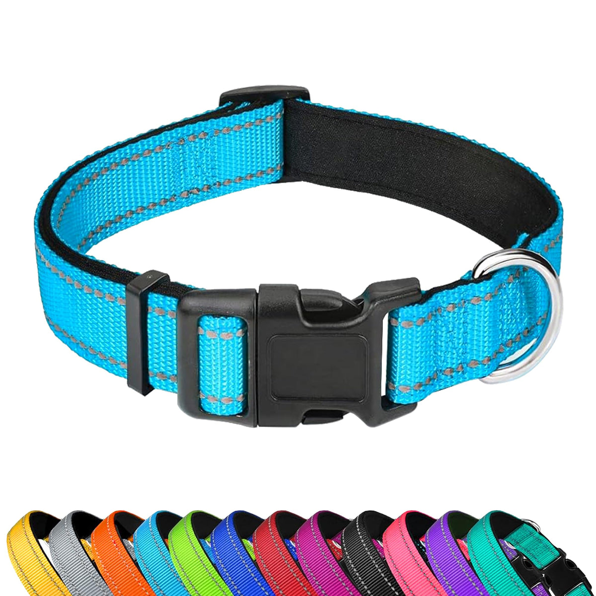PWOD Reflective Dog Collar sky-blue closeup highlighting night visibility for safer evening strolls