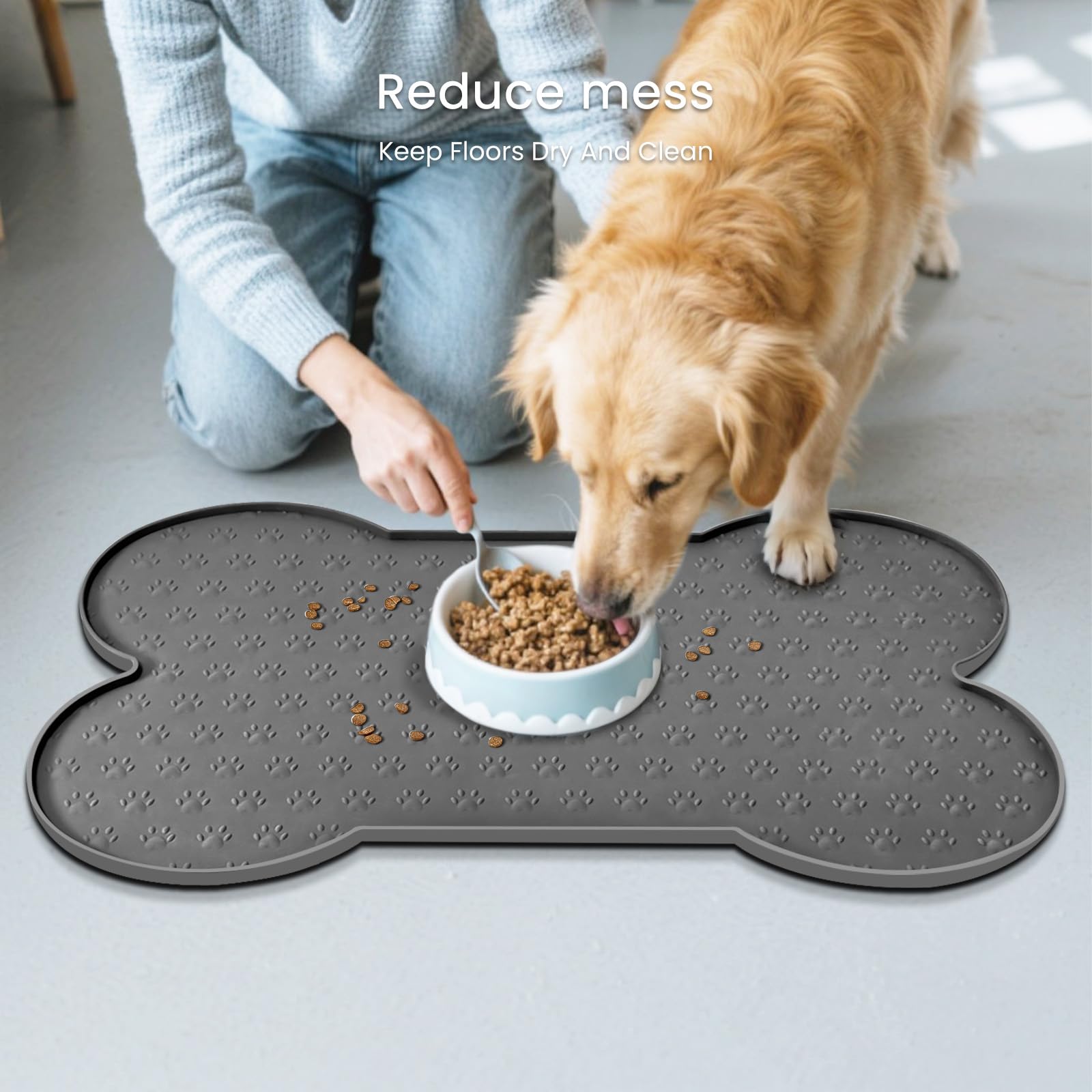PWTAA dog food mat easy to clean design helps tidy feeding area.