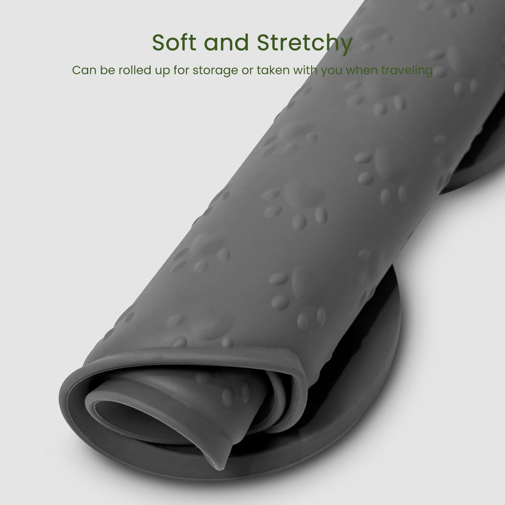 PWTAA dog food mat travel friendly rolls up for portability.