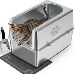 PWTAA enclosed stainless-steel cat litter box lid provides privacy and containment for tidy, splash-free littering