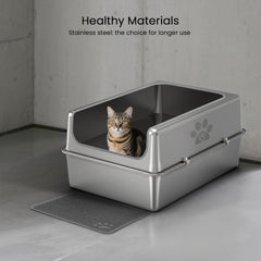 PWTAA enclosed stainless steel litter box with lid, high sides reduce spray.