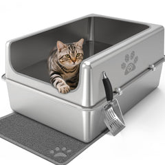PWTAA enclosed stainless steel litter box with lid, top view, ideal for large cats.