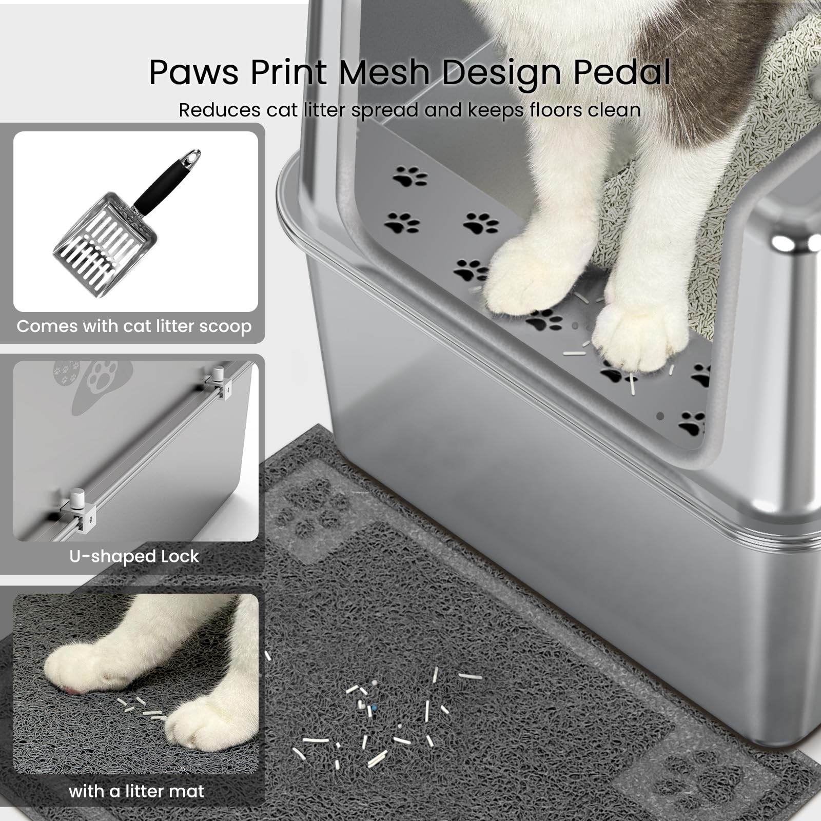 PWTAA non-stick stainless-steel litter box cleans easily, resisting odor buildup vs plastic