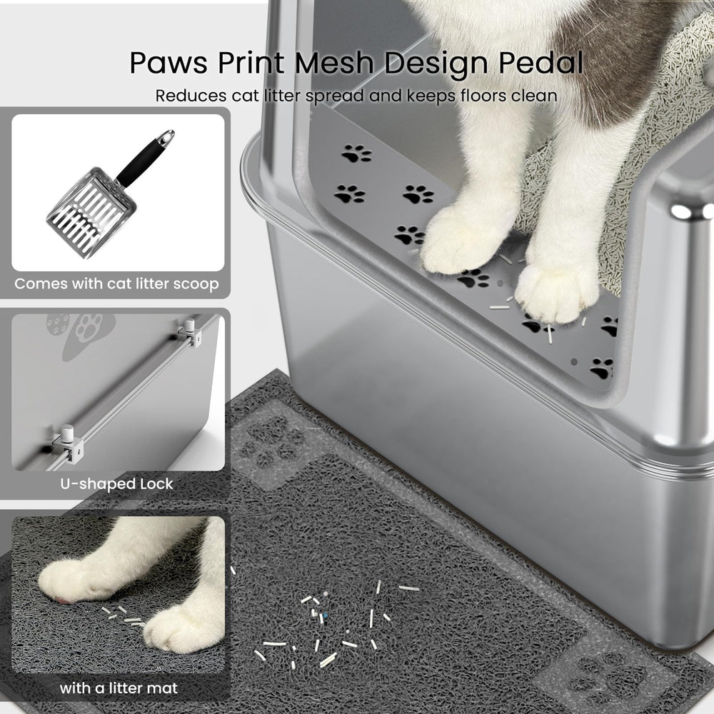 PWTAA non-stick stainless-steel litter box cleans easily, resisting odor buildup vs plastic